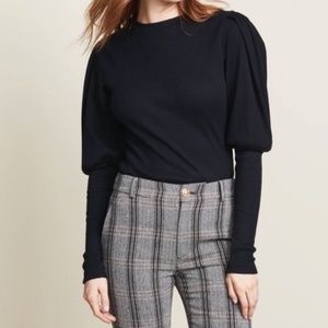 Veronica Beard Jeans Lyon Ribbed Bishop-Sleeve Crewneck Top Black XS